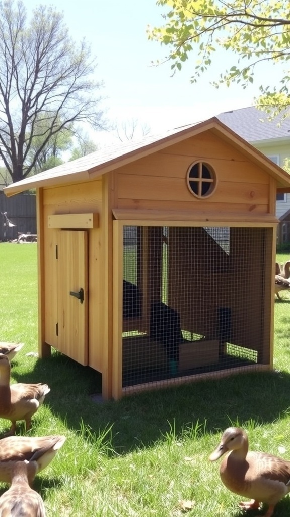 A wooden duck house with a sloped roof and door, surrounded by ducks in a sunny backyard.
